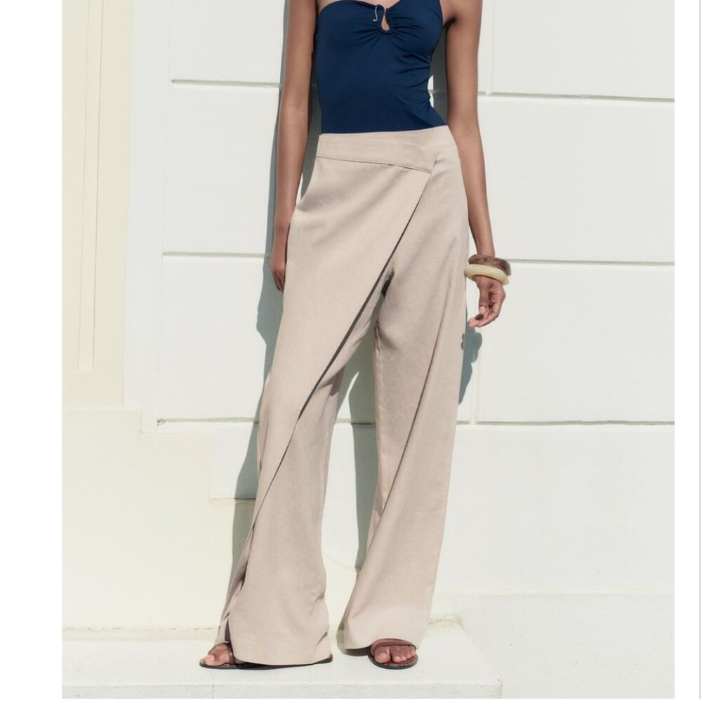 ZARA WOMAN LINEN BLEND PAREO PANTS TROUSERS LIGHT BEIGE XS S M L NWT